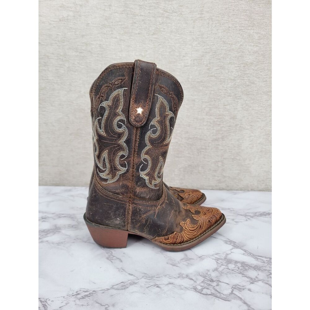 Tony Lama Kids Brown Tooled Leather Cowboy Boots with Embroidered Shaft